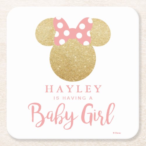 Minnie  Pink Striped Gold Glitter Baby Shower Square Paper Coaster