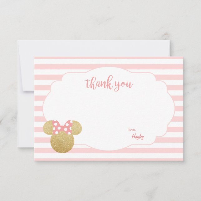 Minnie | Pink Striped Gold Glitter Thank You Note Card (Front)