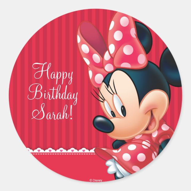 Minnie Red and White Birthday Classic Round Sticker (Front)
