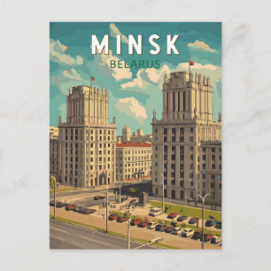 Minsk Belarus Illustration Travel Art Vintage Postcard