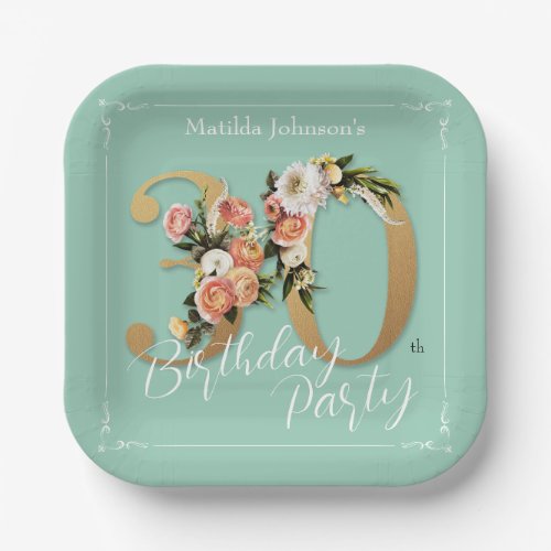 Mint 30th Birthday Gold Text Floral Pretty Custom Paper Plates