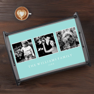 Mint 3-Photo Family Collage Personalized Serving Tray