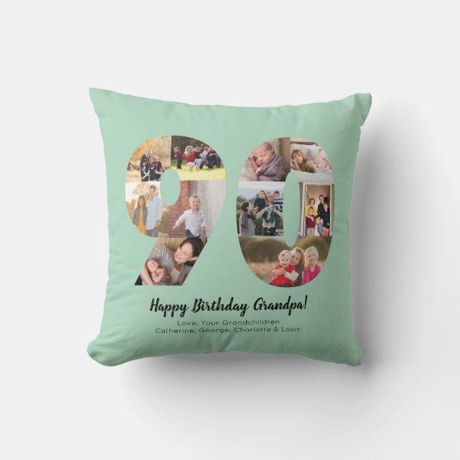 Mint 90th Number Photo Collage Custom Greeting Throw Pillow (Front)