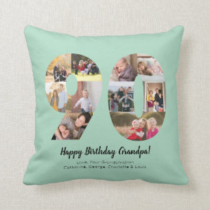 Mint 90th Number Photo Collage Custom Greeting Throw Pillow