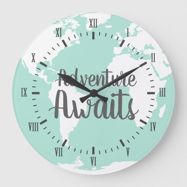 Mint Adventure Awaits World Map & Gray Numerals Large Clock (Front)