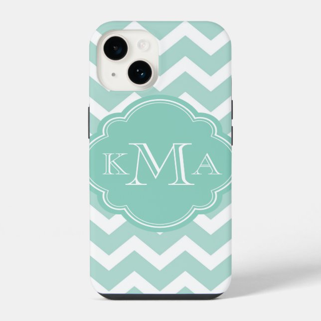 Mint and Aqua Chevron Custom Monogram Iphone Case (Back)