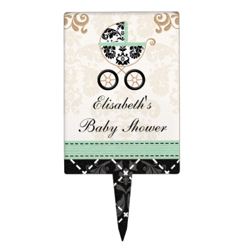 MINT AND Black DAMASK Baby Carriage Cake Topper