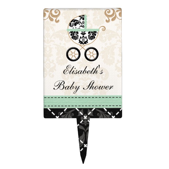 MINT AND Black DAMASK Baby Carriage Cake Topper (Front)