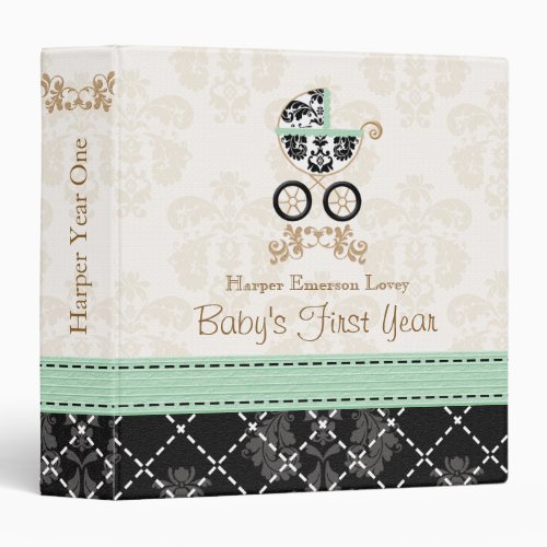 MINT and Black DAMASK Carriage Baby Photo Album Binder