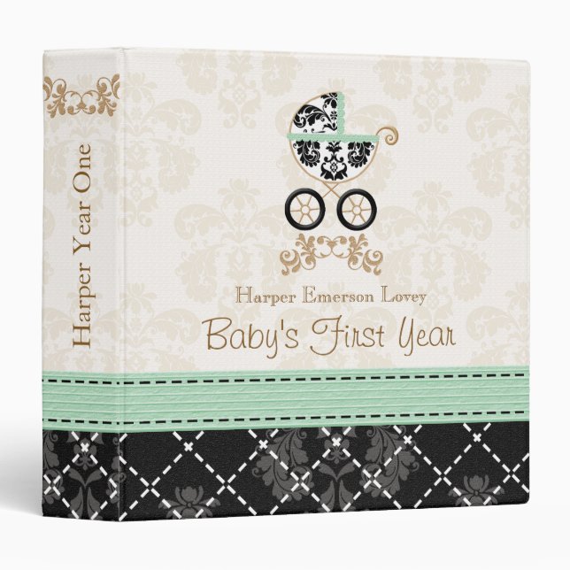 MINT and Black DAMASK Carriage Baby Photo Album Binder (Front/Spine)