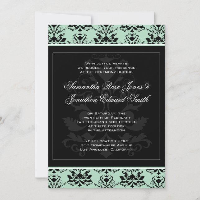 Mint and Black Damask Wedding Invitation (Front)