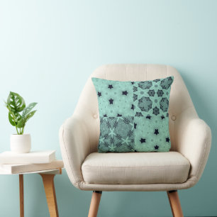 Mint and Black Floral Kaleidoscope Throw Pillow