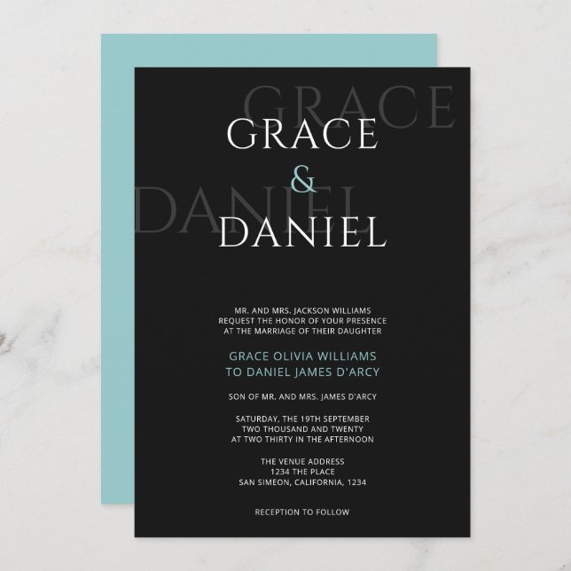 Mint and Black Modern Shadow Name Wedding Invitation (Front/Back)