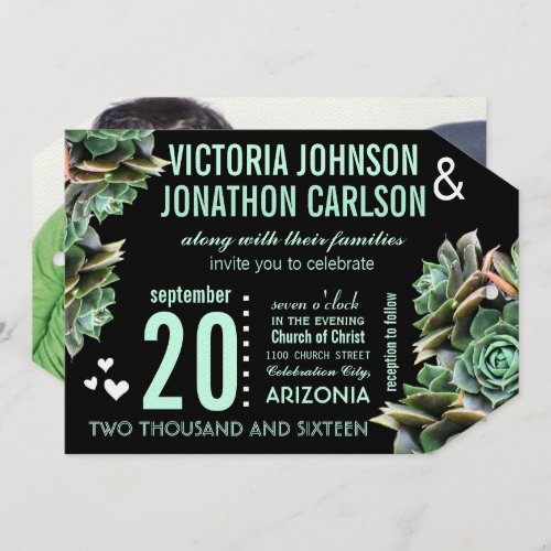 Mint and Black Your Photo Succulent Modern Wedding Invitation