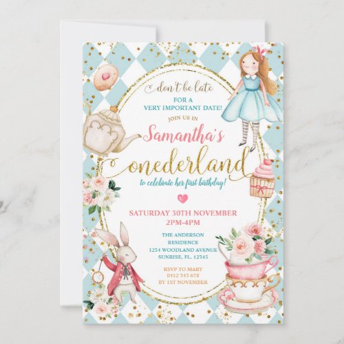 Mint and Blue Alice Tea Party First Birthday Invitation