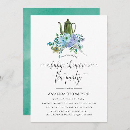 Mint and Blue Boho Baby Shower Tea Party Invitation