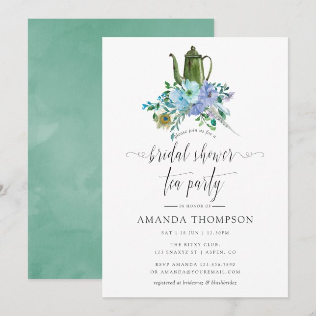 Mint and Blue Boho Bridal Shower Tea Party Invitation (Front/Back)
