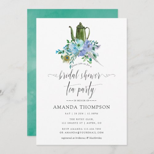 Mint and Blue Boho Bridal Shower Tea Party Invitation