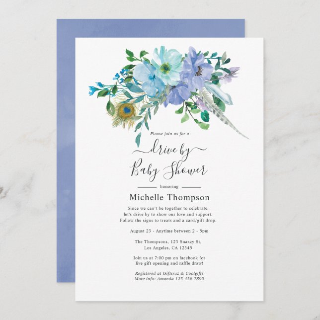 Mint and Blue Boho Drive By Bridal or Baby Shower Invitation (Front/Back)