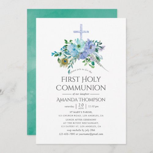 Mint and Blue Boho First Holy Communion Invitation