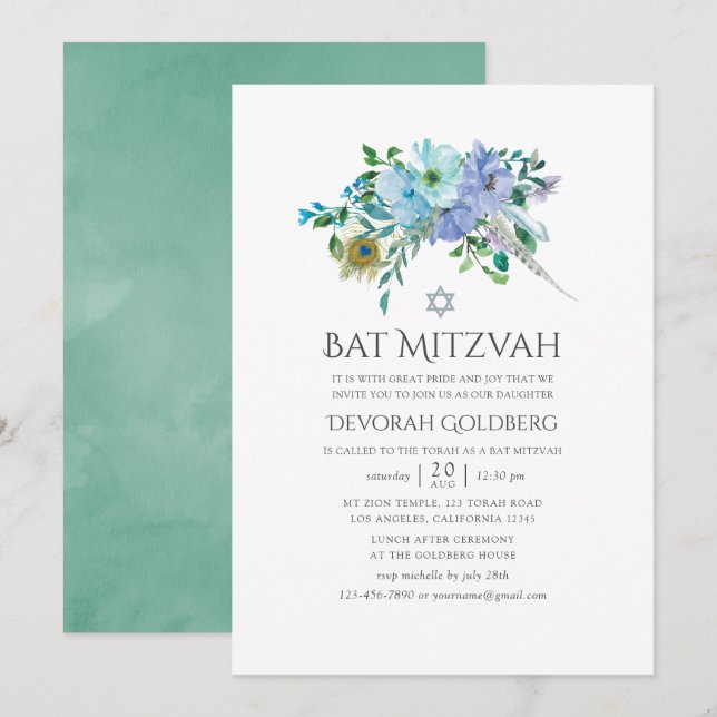 Mint and Blue Boho Floral Bat Mitzvah Invitation (Front/Back)