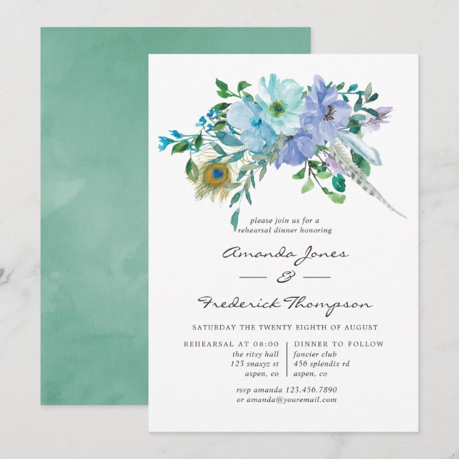 Mint and Blue Boho Floral Rehearsal Dinner Invitation (Front/Back)