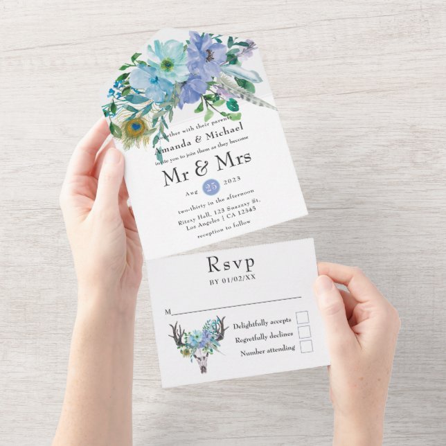 Mint and Blue Boho Floral Wedding All In One Invitation (Tearaway)