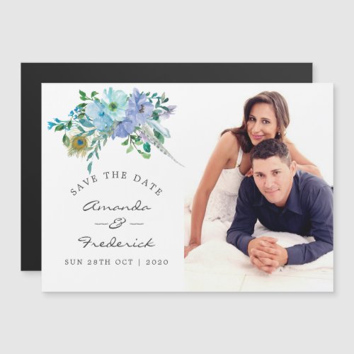 Mint and Blue Boho Floral Wedding Save the Date Magnetic Invitation