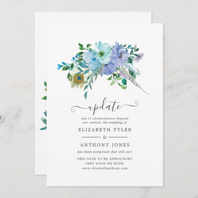 Mint and Blue Boho Floral Wedding Update Invitation (Front/Back)
