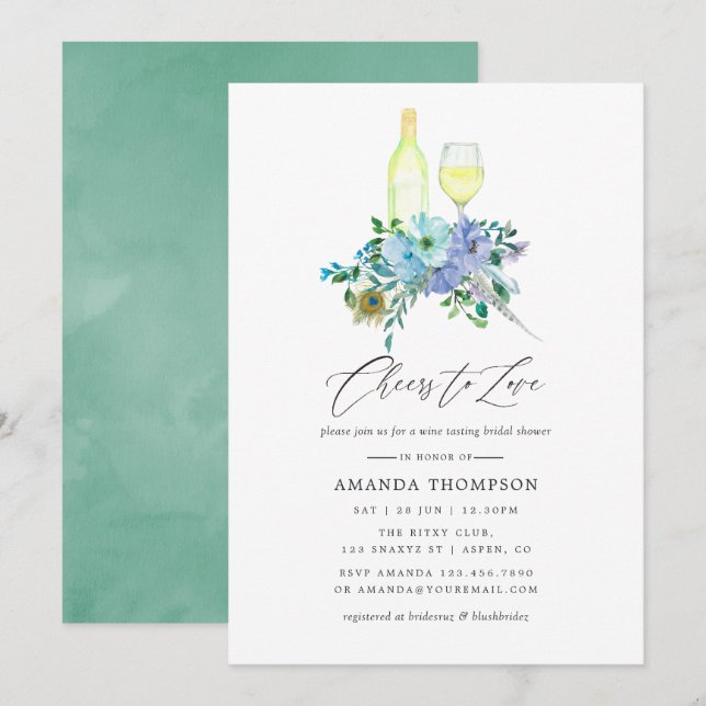Mint and Blue Boho Wine Tasting Bridal Shower Invitation (Front/Back)