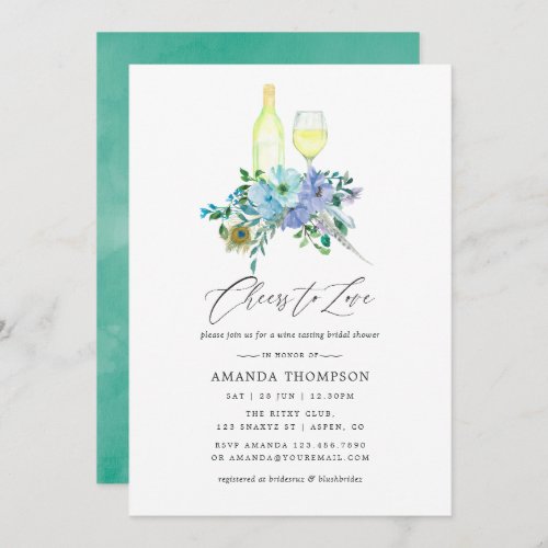 Mint and Blue Boho Wine Tasting Bridal Shower Invitation