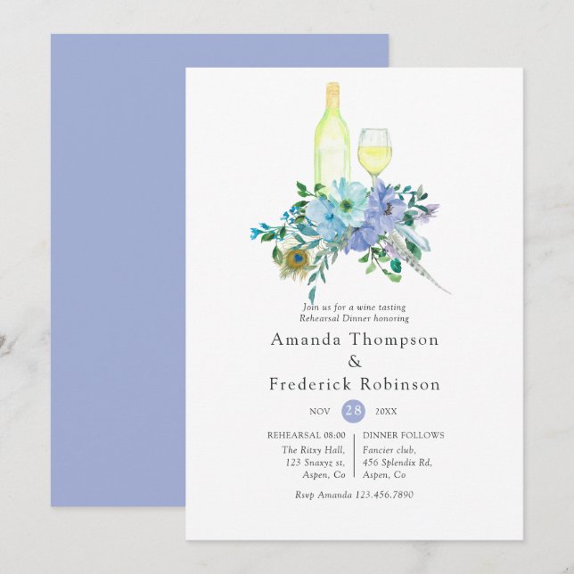 Mint and Blue Boho Wine Tasting Rehearsal Dinner Invitation (Front/Back)
