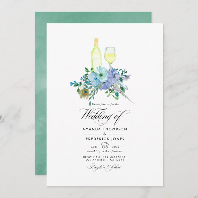 Mint and Blue Boho Wine Tasting Wedding Invitation (Front/Back)