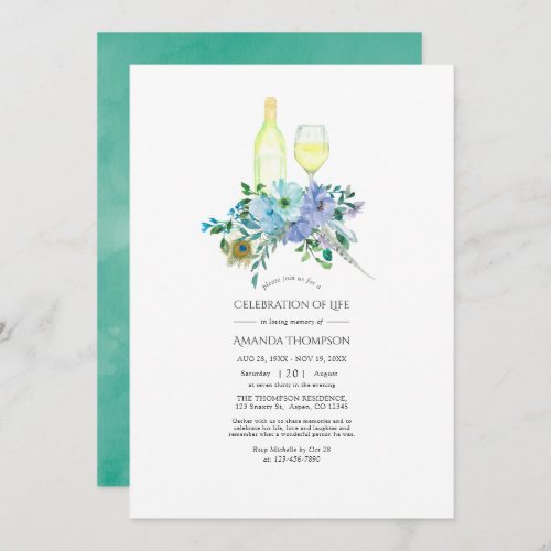 Mint and Blue Boho Wine themed Celebration of Life Invitation