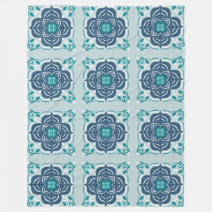 Mint and Blue Mandala Tile Geometric Pattern Boho Fleece Blanket