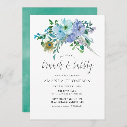 Mint and Blue Watercolor Boho Brunch and Bubbly Invitation