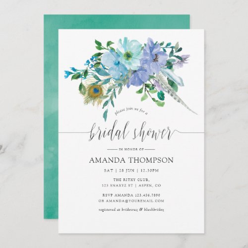 Mint and Blue Watercolor Boho Floral Bridal Shower Invitation