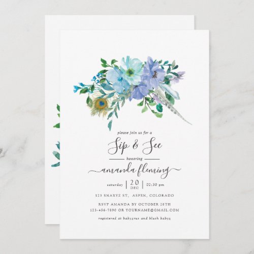 Mint and Blue Watercolor Boho Floral Sip and See Invitation