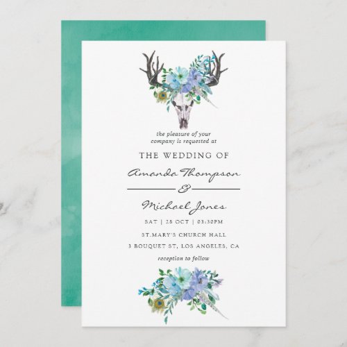 Mint and Blue Watercolor Boho Floral Wedding Invitation