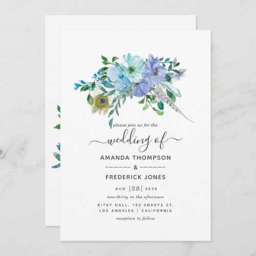 Mint and Blue Watercolor Boho Floral Wedding Invitation