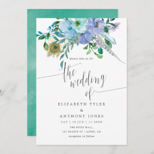 Mint and Blue Watercolor Boho Floral Wedding Invitation
