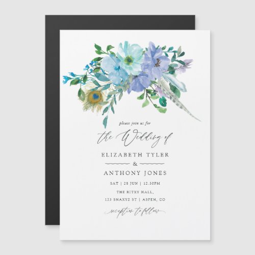 Mint and Blue Watercolor Boho Floral Wedding Magnetic Invitation