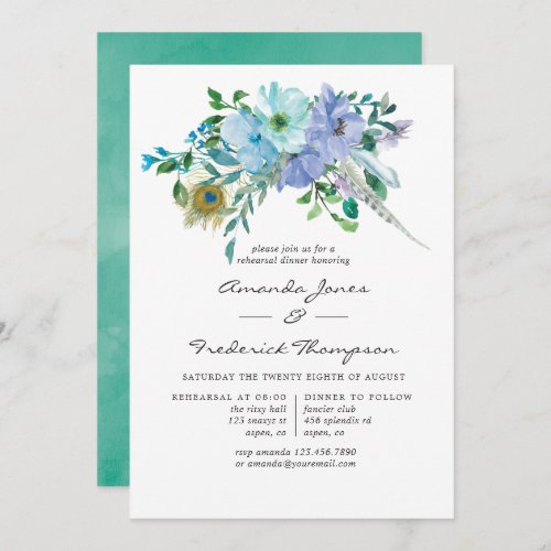 Mint and Blue Watercolor Boho Rehearsal Dinner Invitation