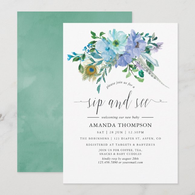Mint and Blue Watercolor Boho Sip and See Invitation (Front/Back)