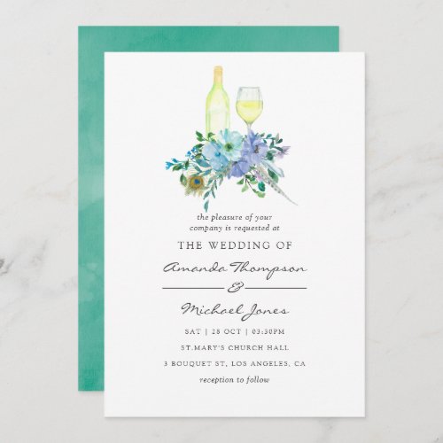 Mint and Blue Watercolor Floral Wedding Invitation