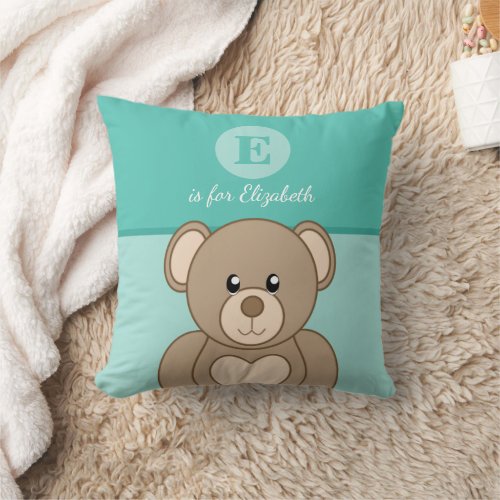 Mint and brown with a cute teddy bear baby name throw pillow