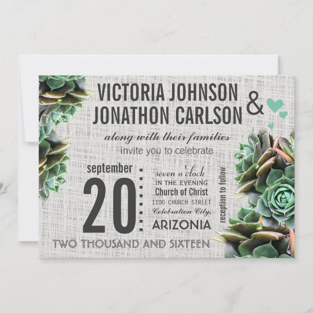 Mint and Burlap Succulent Modern Wedding Invitation (Front)