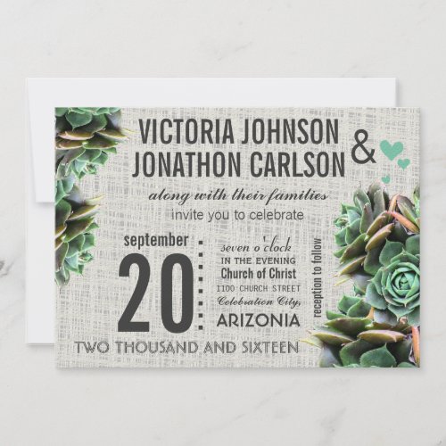Mint and Burlap Succulent Modern Wedding Invite