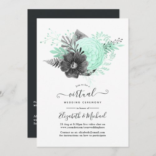 Mint and Charcoal Floral Rustic Virtual Wedding Invitation