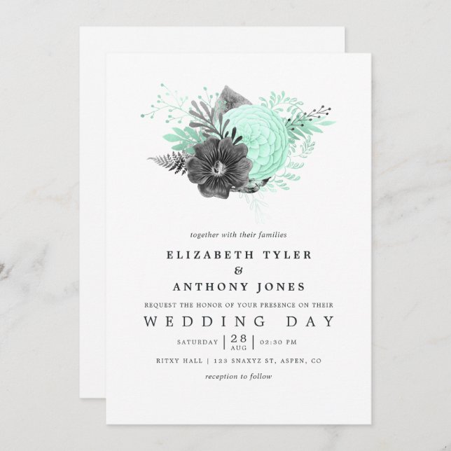 Mint and Charcoal Floral Rustic Wedding Invitation (Front/Back)